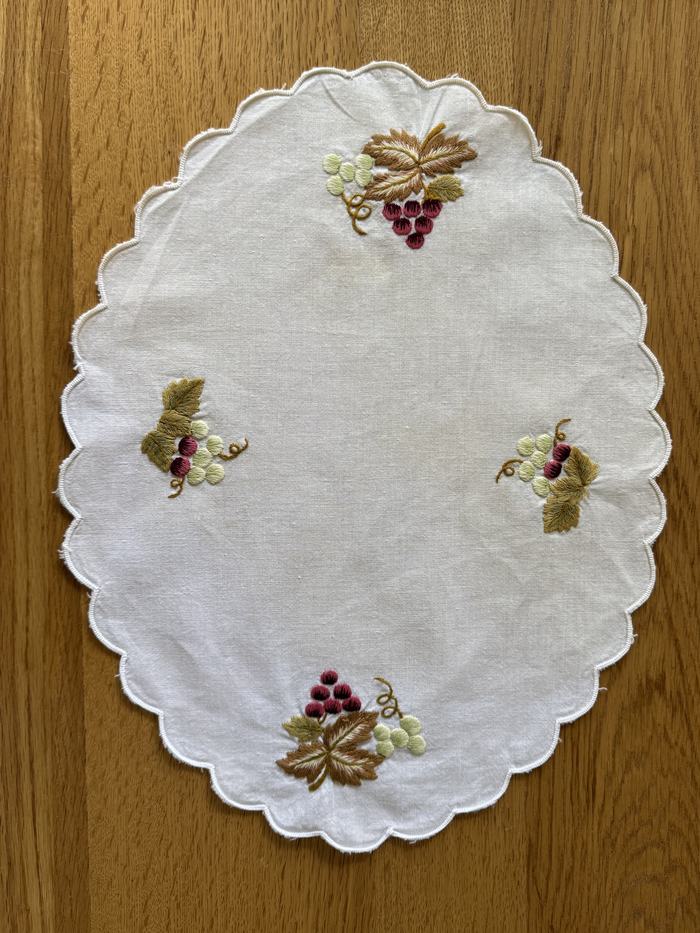 Vintage linen placemat, grape and vine motif