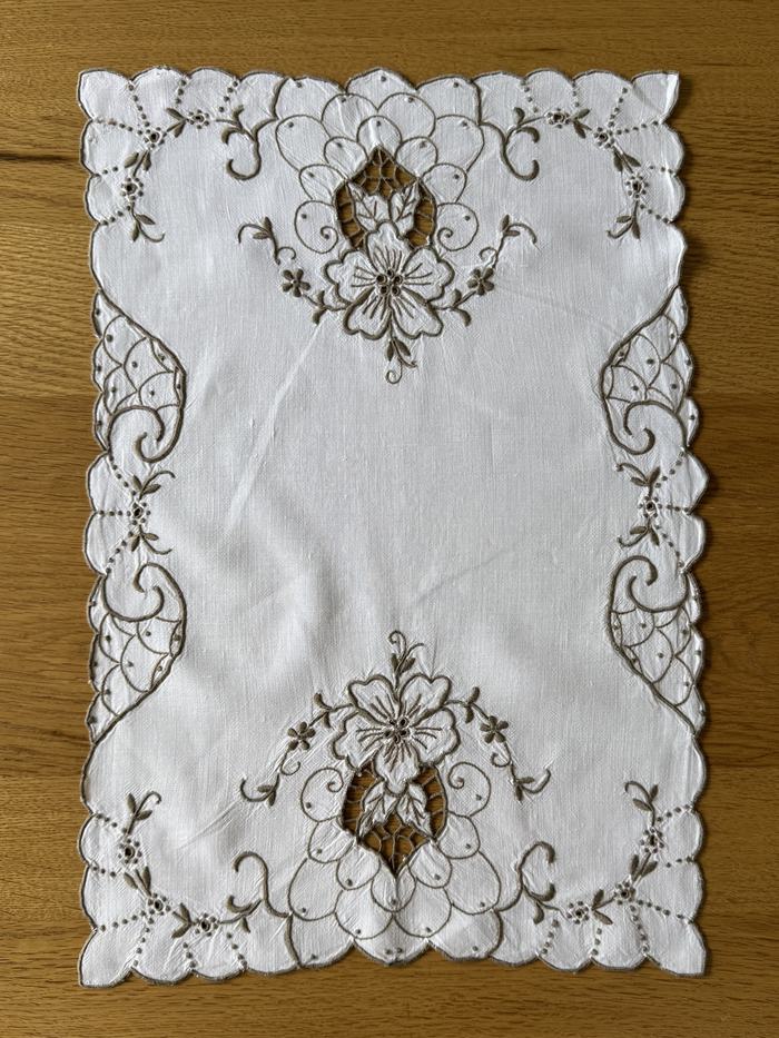 French linen placemat, cutwork floral border