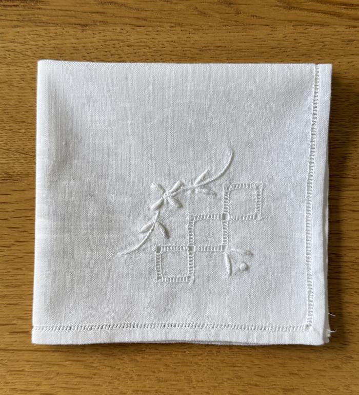 Vintage linen handkerchief, whitework embroidery