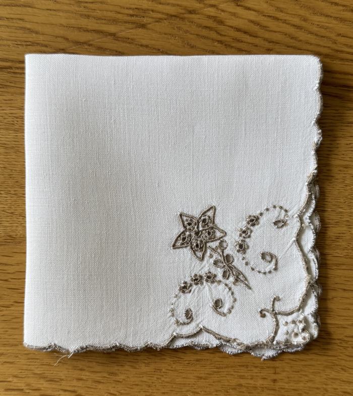 Vintage linen handkerchief, cutwork floral corner