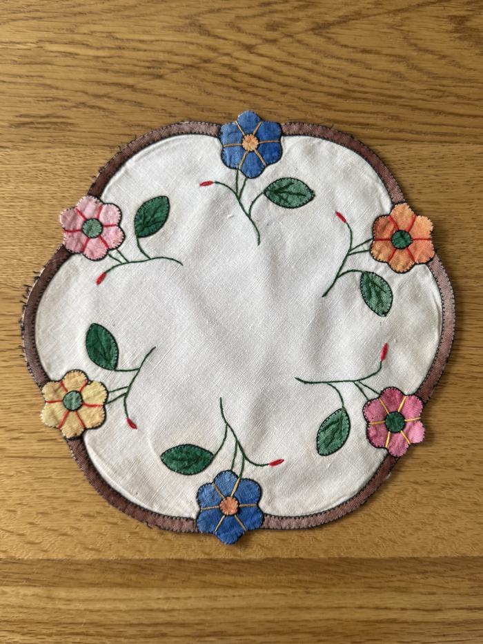 French linen doily, floral applique border